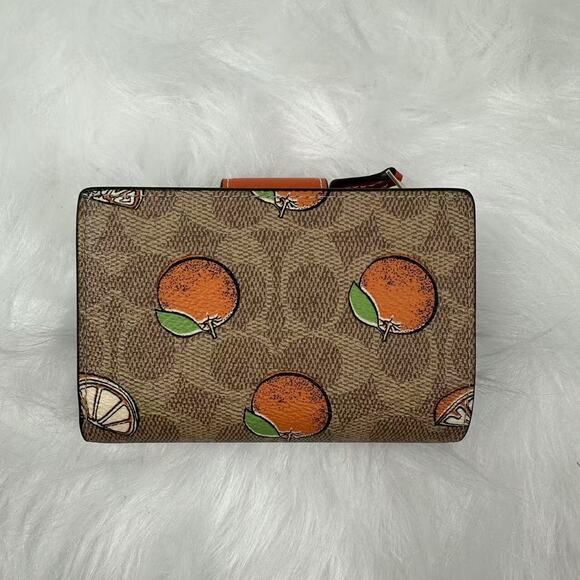 Coach Medium Corner Zip Wallet In Signature Canvas With Orange Print In Tan NWT - Picture 2 of 5